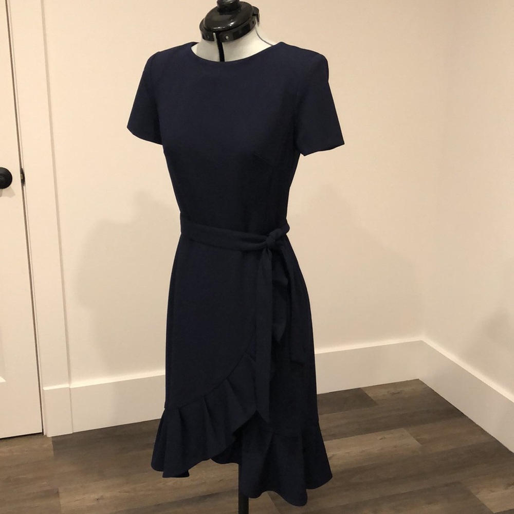 Calvin Klein Back Zip, Ruffle Navy Blue Dress